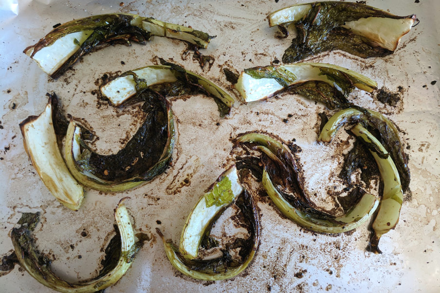 Cauliflower leaves become deliciously crispy when roasted