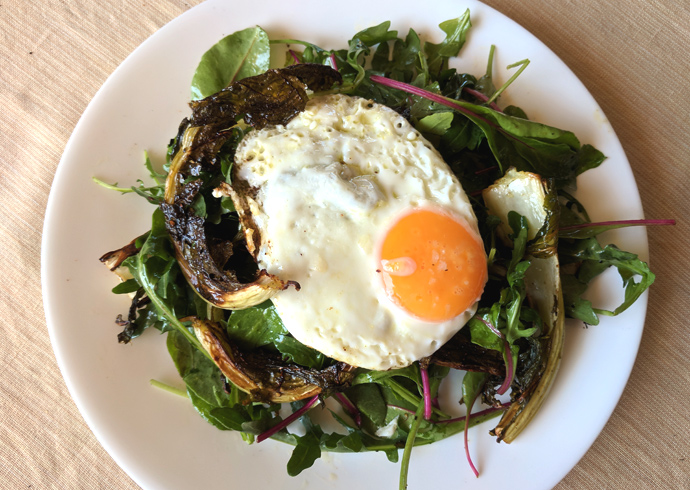 roasted cauliflower stem salad with egg
